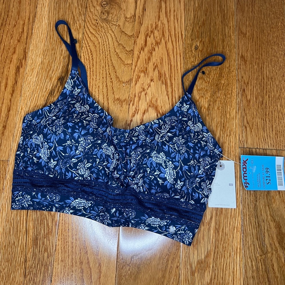 Soft blue bra with flower designs and lace
